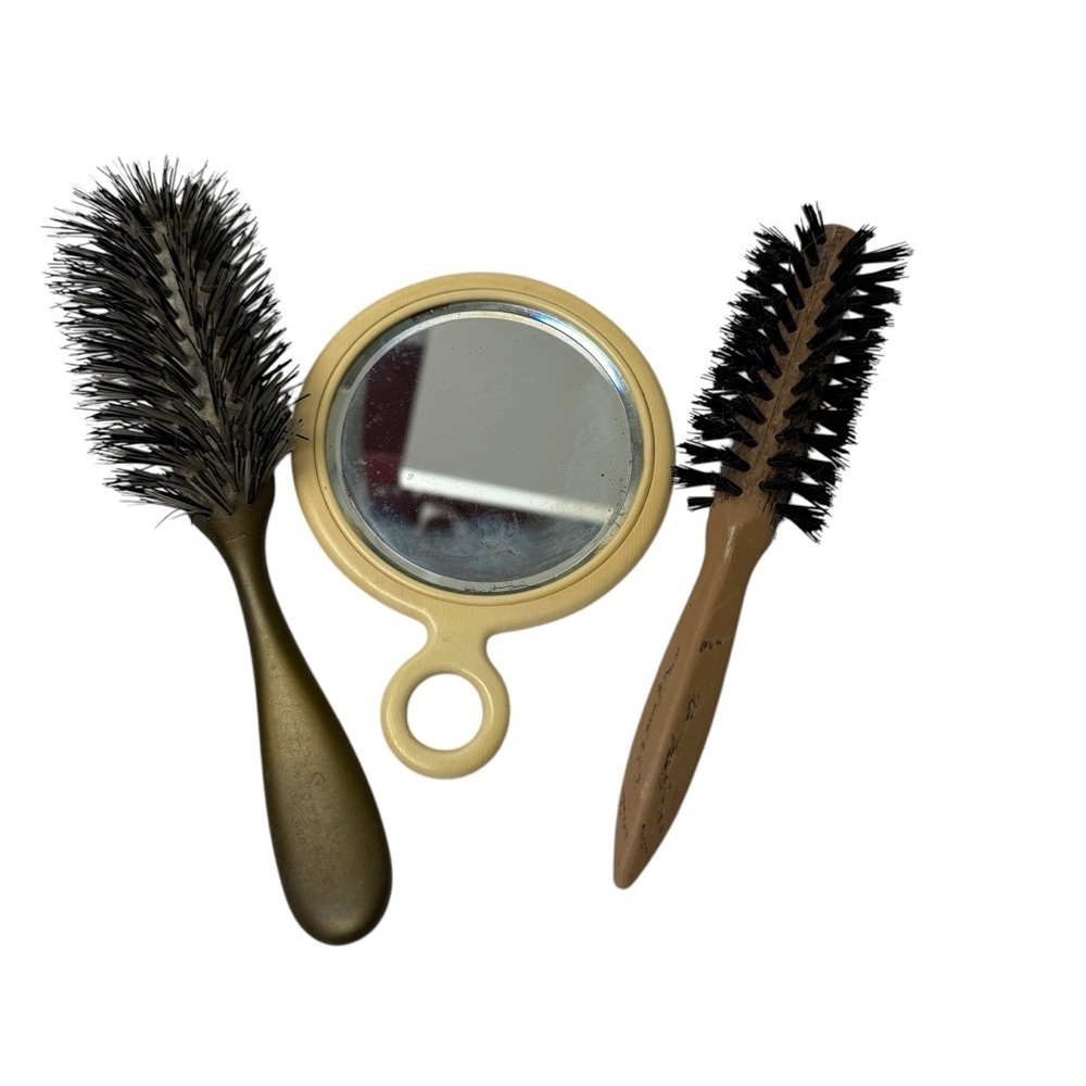 2 Antique Hairbrushes And Mirror Half Round Full Compact 60s Kent? Natural VTG